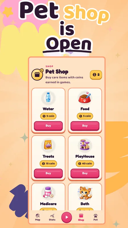 Pixel Learn pet shop where kids spend coins earned from learning on food, water, treats and room items